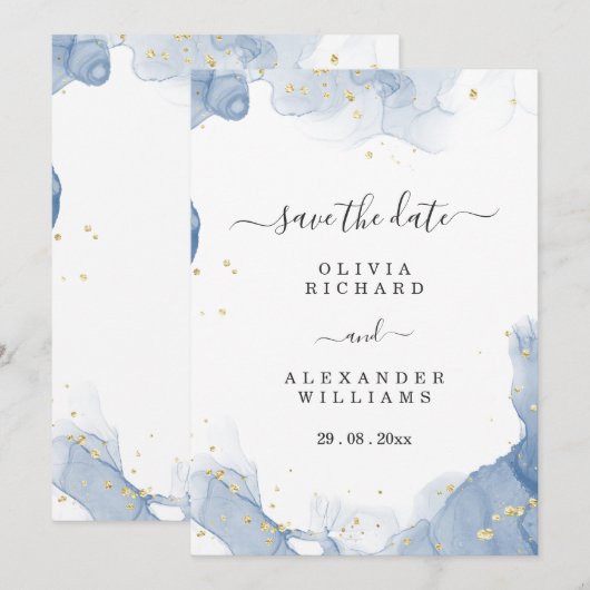 Elegante trouwuitnodiging Blauw en Goud Minimaal Save The Date (Voorkant / Achterkant)