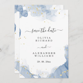 Elegante trouwuitnodiging Blauw en Goud Minimaal Save The Date