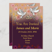 Elegante trouwuitnodiging, duiven en ringen paars kaart (Voorkant / Achterkant)