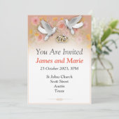 Elegante trouwuitnodiging, duiven en ringen wit kaart (Staand voorkant)