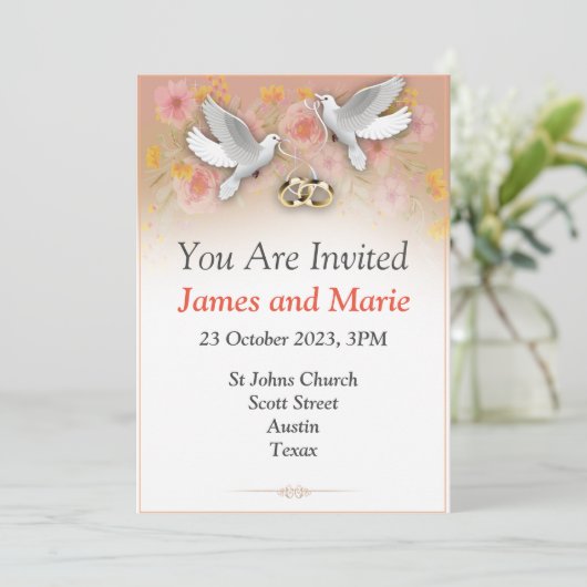 Elegante trouwuitnodiging, duiven en ringen wit kaart (Staand voorkant)