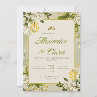 Elegante Trouwuitnodiging met Bloemen | Wit & Goud Kaart