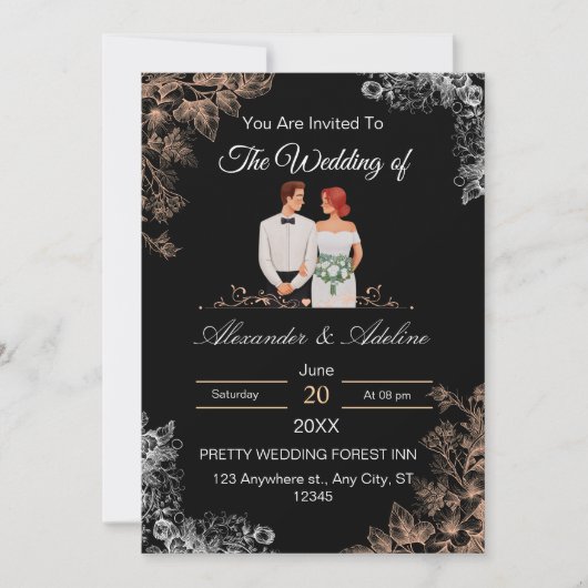 Elegante trouwuitnodiging met donkere bloemen kaart (Voorkant)