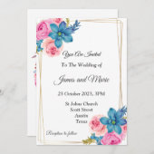 Elegante trouwuitnodiging, roze, blauw kaart (Voorkant / Achterkant)