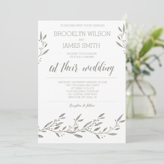 Elegante trouwuitnodigingen grijs bloemmotief kaart (Staand voorkant)