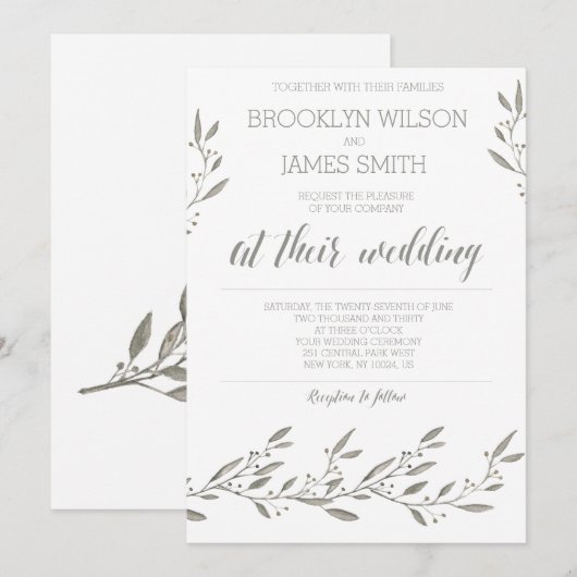 Elegante trouwuitnodigingen grijs bloemmotief kaart (Voorkant / Achterkant)