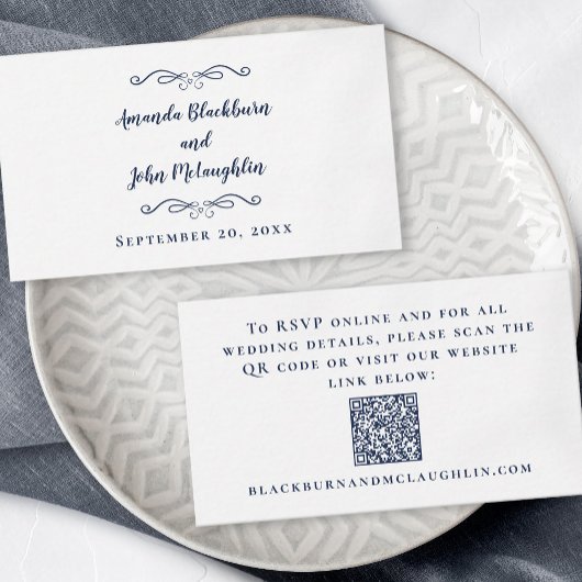 Elegante trouwwebsite RSVP QR Code Navy Blue Informatiekaartje