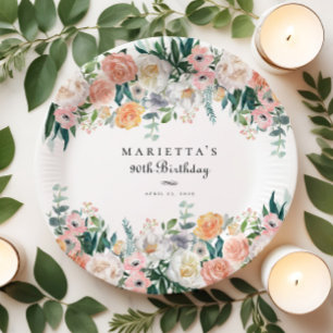 Elegante Tuin Bloemen Groen 90e Verjaardagsfeest Papieren Bordje