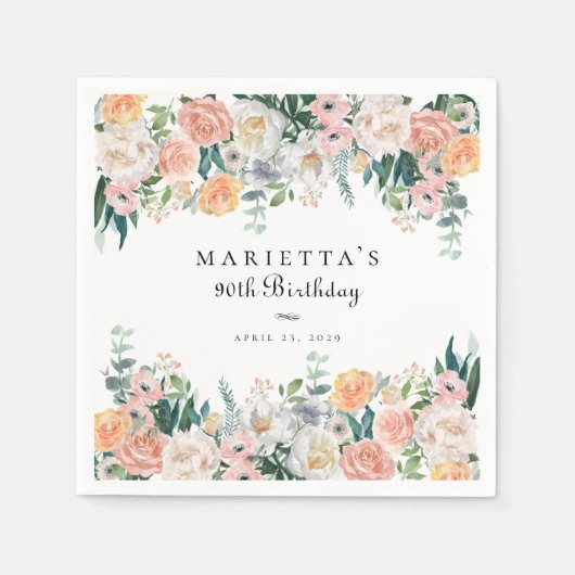 Elegante Tuin Bloemen Groen 90e Verjaardagsfeest Servet (Voorkant)