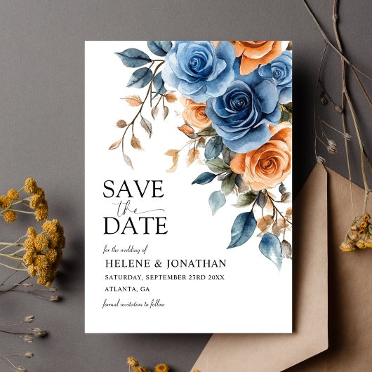 Elegante Tuin Bloemen Marine Blauw Rust Trouwen Save The Date