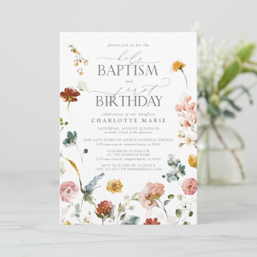 Elegante Tuin Bloemen Meisje Doop 1e Verjaardag Kaart (Staand voorkant)