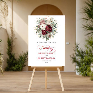 Elegante tuin bordeaux bloemen gouden welkomstbord poster