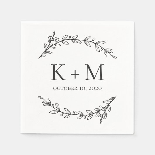 Elegante tuin bruiloft. Zwart-wit botanisch Servet (Voorkant)
