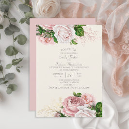 Elegante Tuin Roze Bloemen Rozen Crème Trouwfeest Kaart