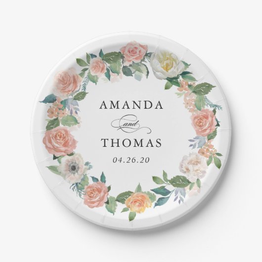 Elegante tuin Rozen Bloemen krans bruiloft Papieren Bordje (Voorkant)
