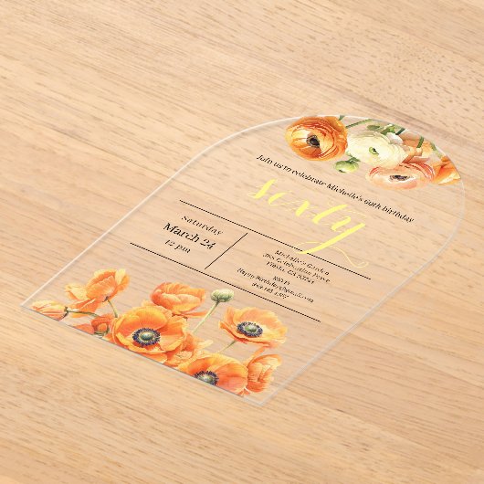 Elegante Tuin Sinaasappel Bloemen 60ste Verjaardag Acryl Uitnodigingen (Laagn)