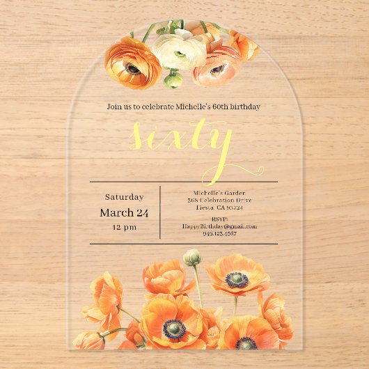 Elegante Tuin Sinaasappel Bloemen 60ste Verjaardag Acryl Uitnodigingen (Voorkant)