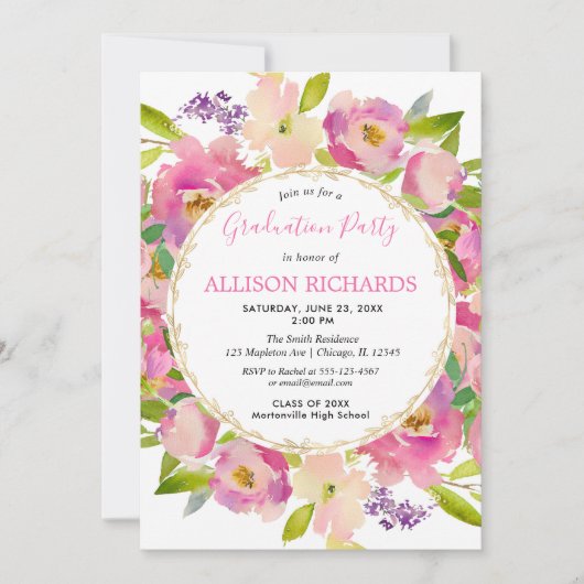 Elegante tuin thema roze flora afstudeerfeest kaart (Voorkant)