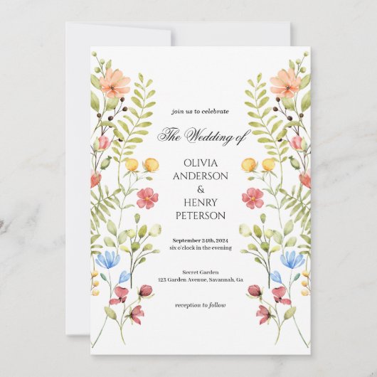 Elegante Tuin Wildflower Bloemen QR Code Huwelijk Kaart (Voorkant)