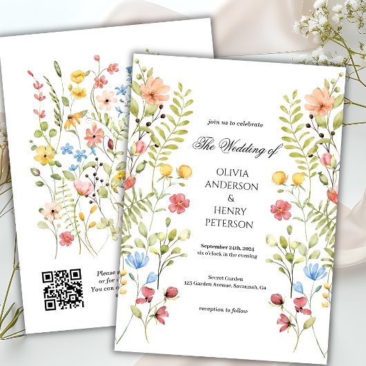 Elegante Tuin Wildflower Bloemen QR Code Huwelijk Kaart