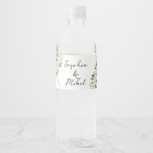 ELEGANTE TUINBLOEMEN GOUD LIJST GROEN BRUILOFT WATERFLES ETIKET (Voorkant)