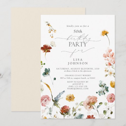 Elegante Tuinbloemen Waterverf 50e Verjaardag Kaart (Voorkant / Achterkant)