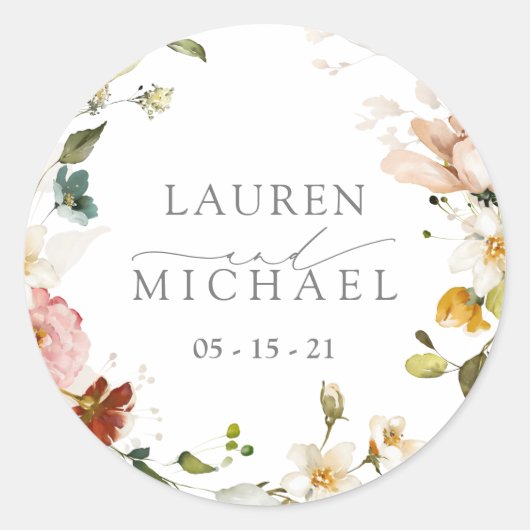Elegante Tuinbloemen Waterverf Bloemen Bruiloft Ronde Sticker (Voorkant)