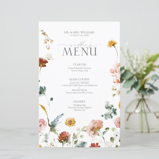 Elegante Tuinbloemen Waterverf Bruiloft Menu (Staand voorkant)