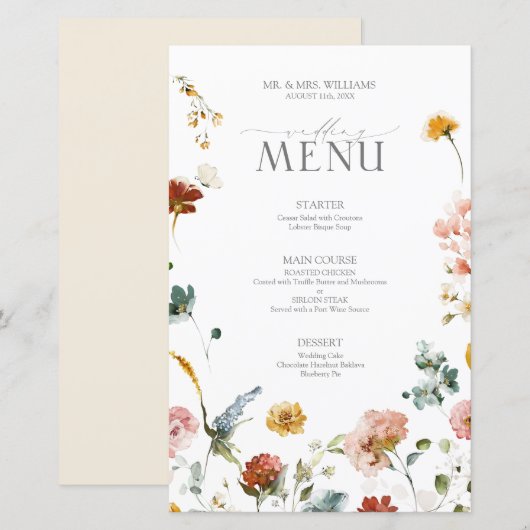 Elegante Tuinbloemen Waterverf Bruiloft Menu (Voorkant / Achterkant)