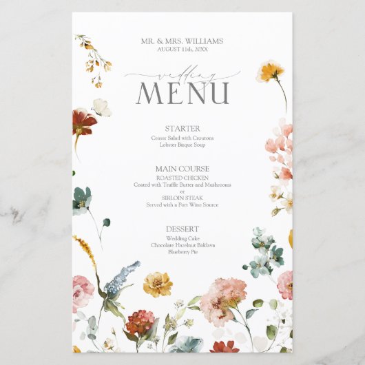 Elegante Tuinbloemen Waterverf Bruiloft Menu (Voorkant)