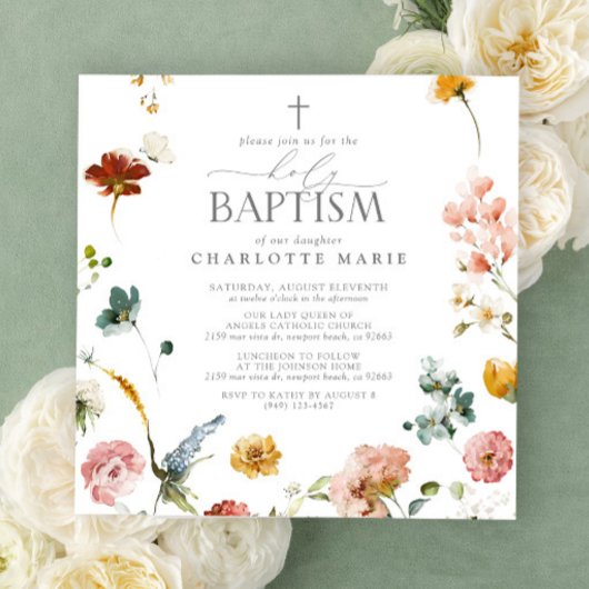 Elegante Tuinbloemen Waterverf Heilige Doop Kaart