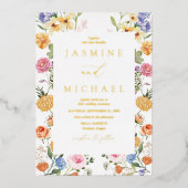 Elegante Tuinbloemen Wildflower Wedding Gold Folie Uitnodiging (Voorkant)