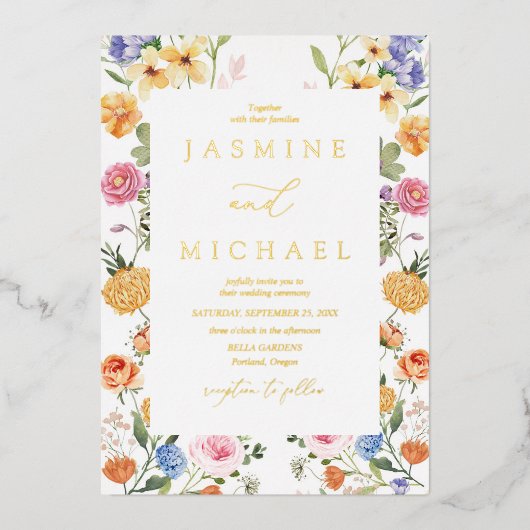 Elegante Tuinbloemen Wildflower Wedding Gold Folie Uitnodiging (Voorkant)