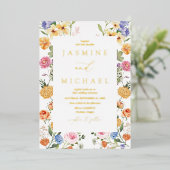 Elegante Tuinbloemen Wildflower Wedding Gold Folie Uitnodiging (Staand Voorkant)