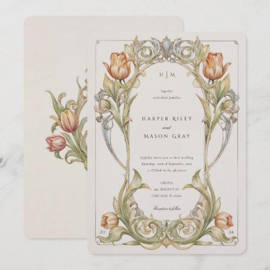 Elegante Tulip Art Nouveau bruiloft uitnodiging (Voorkant / Achterkant)