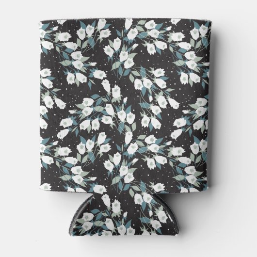 Elegante Tulp Bloem Patroon Zwarte Achtergrond Blikjeskoeler (Voorkant)