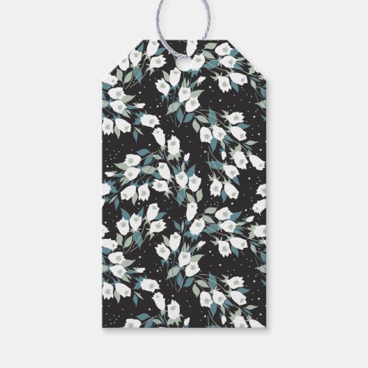 Elegante Tulp Bloem Patroon Zwarte Achtergrond Cadeaulabel (Voorkant)