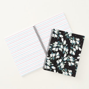 Elegante Tulp Bloem Patroon Zwarte Achtergrond Notitieboek
