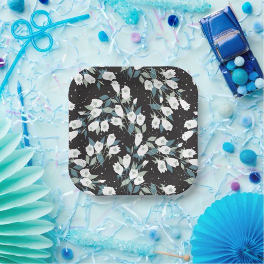 Elegante Tulp Bloem Patroon Zwarte Achtergrond Papieren Bordje (Feest)