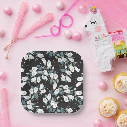 Elegante Tulp Bloem Patroon Zwarte Achtergrond Papieren Bordje (Feest)