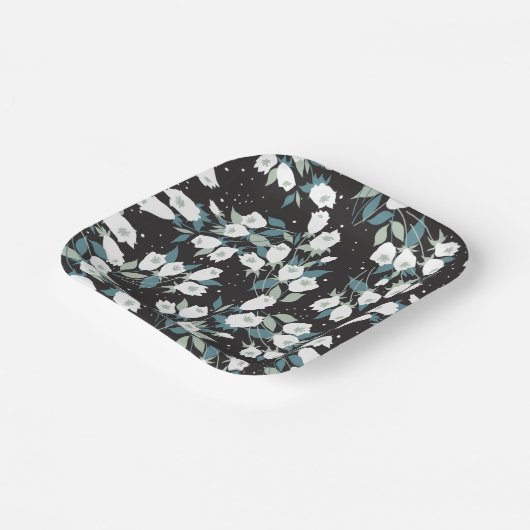 Elegante Tulp Bloem Patroon Zwarte Achtergrond Papieren Bordje (Gebogen)