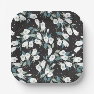 Elegante Tulp Bloem Patroon Zwarte Achtergrond Papieren Bordje