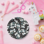 Elegante Tulp Bloem Patroon Zwarte Achtergrond Papieren Bordje (Feest)