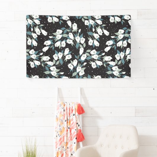 Elegante Tulp Bloem Patroon Zwarte Achtergrond Spandoek (Insitu)