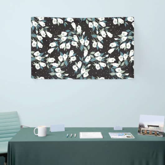 Elegante Tulp Bloem Patroon Zwarte Achtergrond Spandoek (Beurs)
