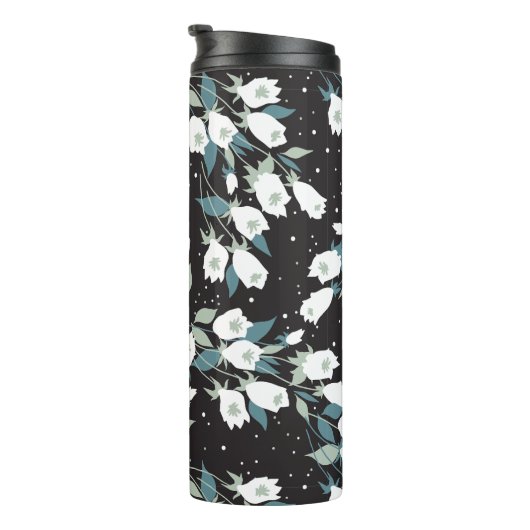 Elegante Tulp Bloem Patroon Zwarte Achtergrond Thermosbeker (Geroteerd rechts)