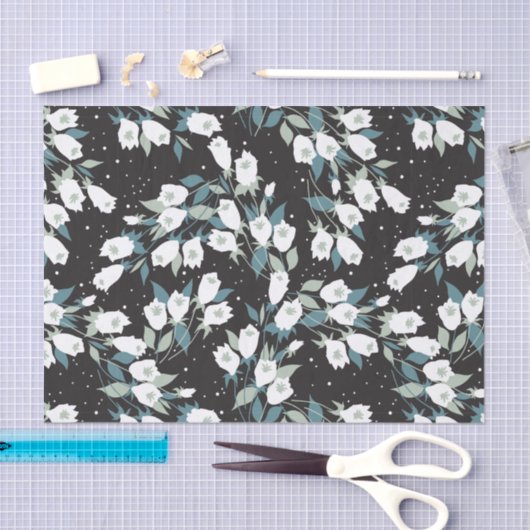 Elegante Tulp Bloem Patroon Zwarte Achtergrond Tissuepapier (Craft)