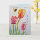 Elegante Tulp en Bee Watercolor Verjaardag Kaart (Gele Bloem)