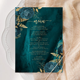 Elegante Turkoois Blauw Gouden Bloemige Bruiloft Menu