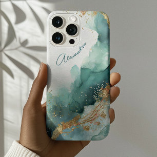Elegante Turkoois Gouden Abstracte Waterverf Aange iPhone 16 Pro Max Hoesje